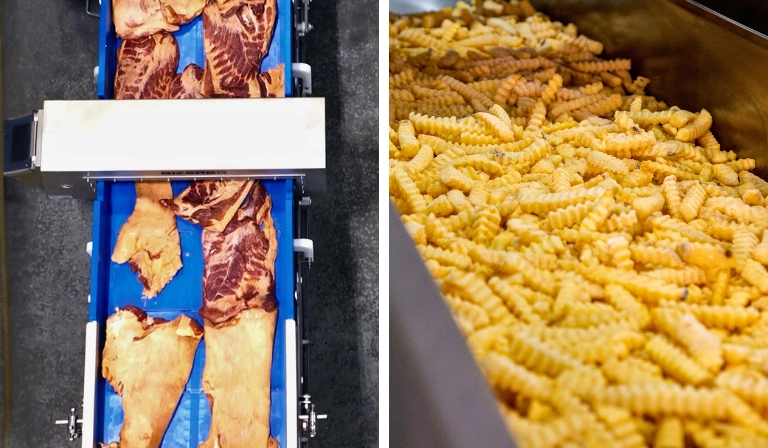 A belt conveyor moving pieces of meat and a vibratory conveyor moving french fries illustrate two types of sanitary conveyors.