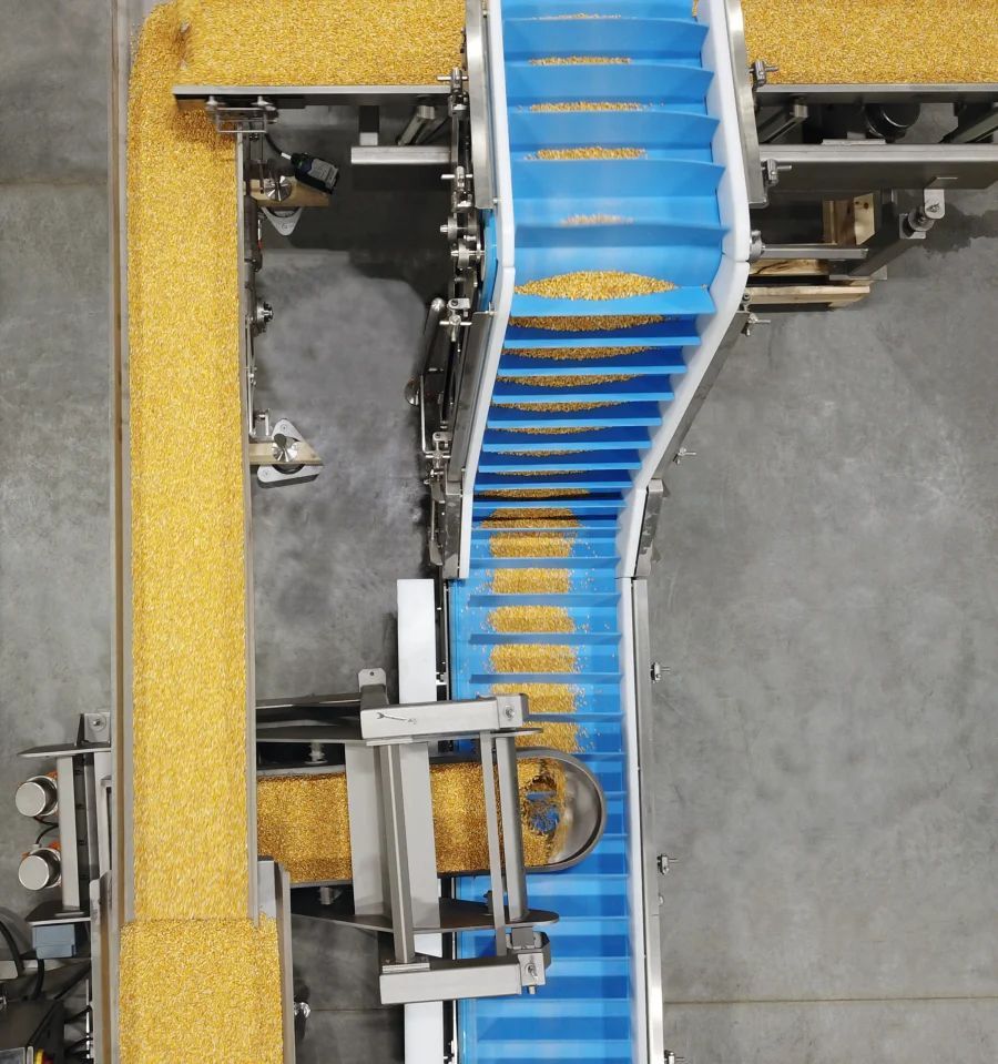 Food products being conveyed and elevated by PFI sanitary equipment.
