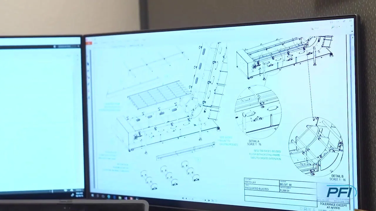  PFI engineering drawings on a computer screen.
