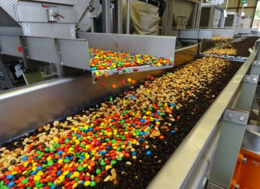 Raisins, nuts, and candy mixed into trail mix on a PFI Mix-Blend Conveyor System. 
