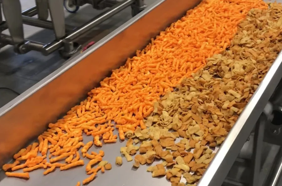 Dry pet food on a PFI vibratory screening conveyor