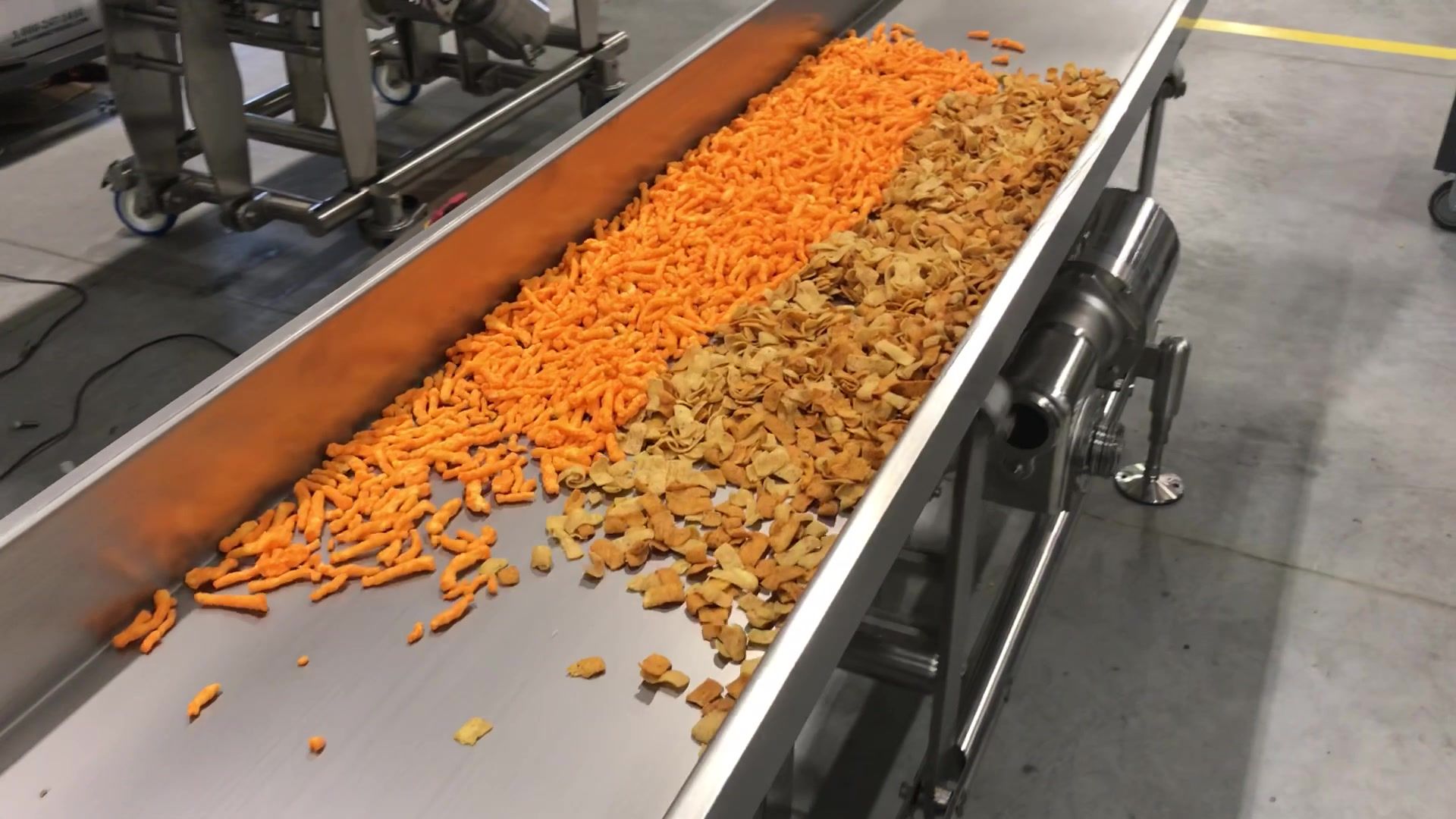 Snack food being transported on a horizontal motion conveyor