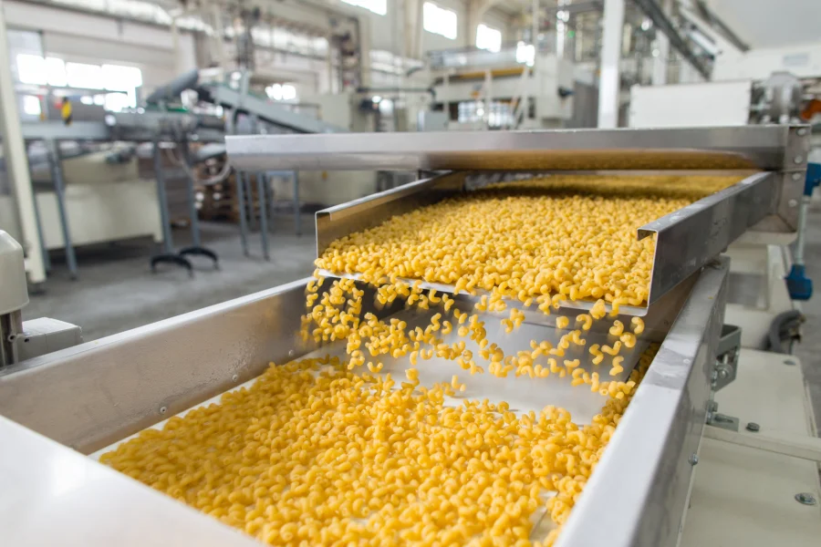 Pasta on a conveyor in a food processing plant