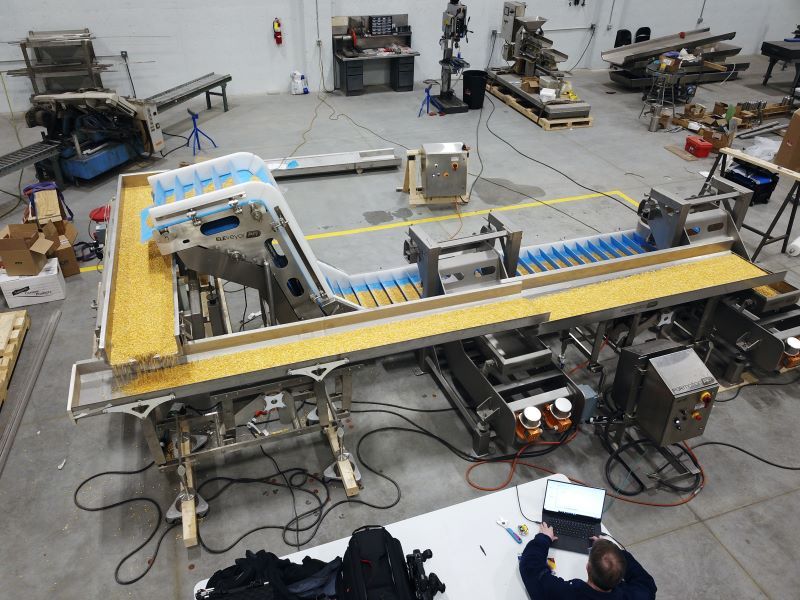 Horizontal motion conveyor transporting product in a food manufacturing facility