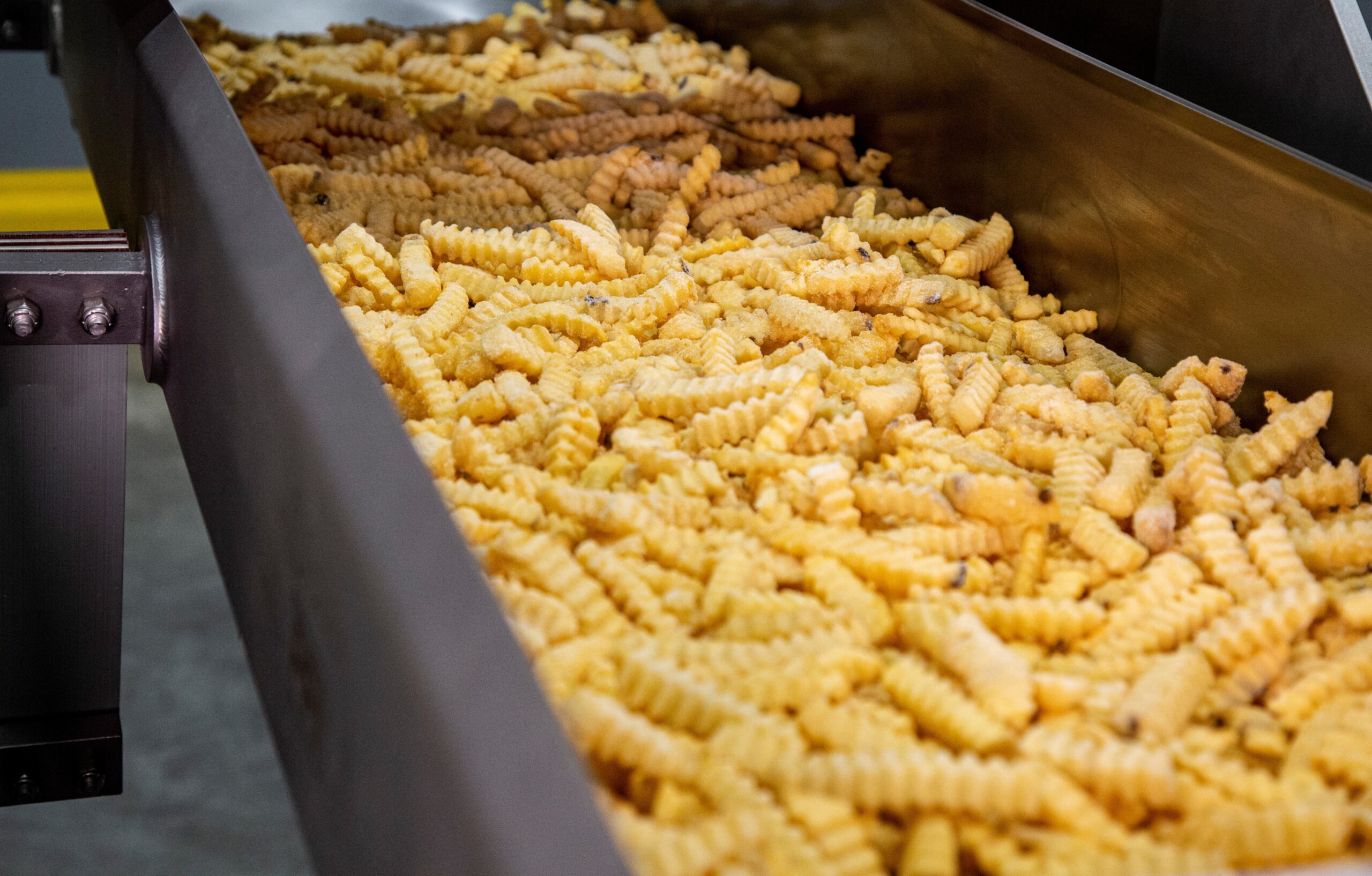After processing frozen french fries, a vacuum or air knife might be needed to clean this vibratory conveyor.